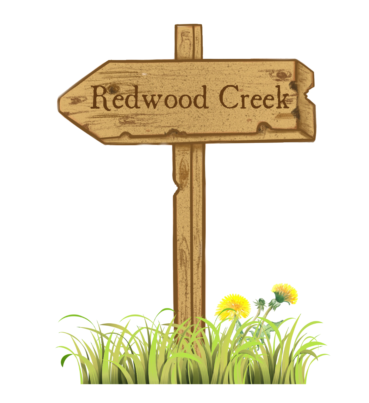 redwood creek sign with dandelions